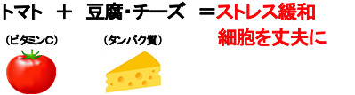 トマト + 豆腐・チーズ =ストレス緩和 （ビタミンC） （タンパク質） 細胞を丈夫に