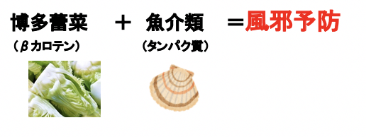 博多蕾菜（βカロテン）　＋　魚介類（タンパク質）　＝風邪予防